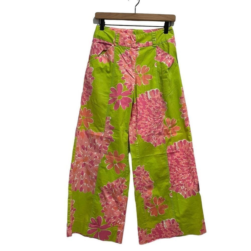 Lilly Pulitzer Bon Bon Green Pink Floral Wide Leg Pants Size 2